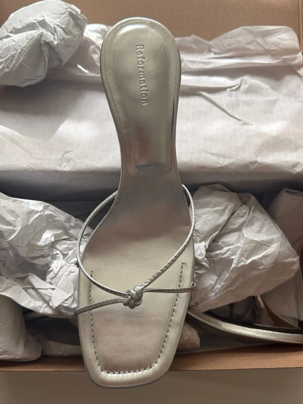 Reformation Metallic Silver Knot Toe Stiletto Mule